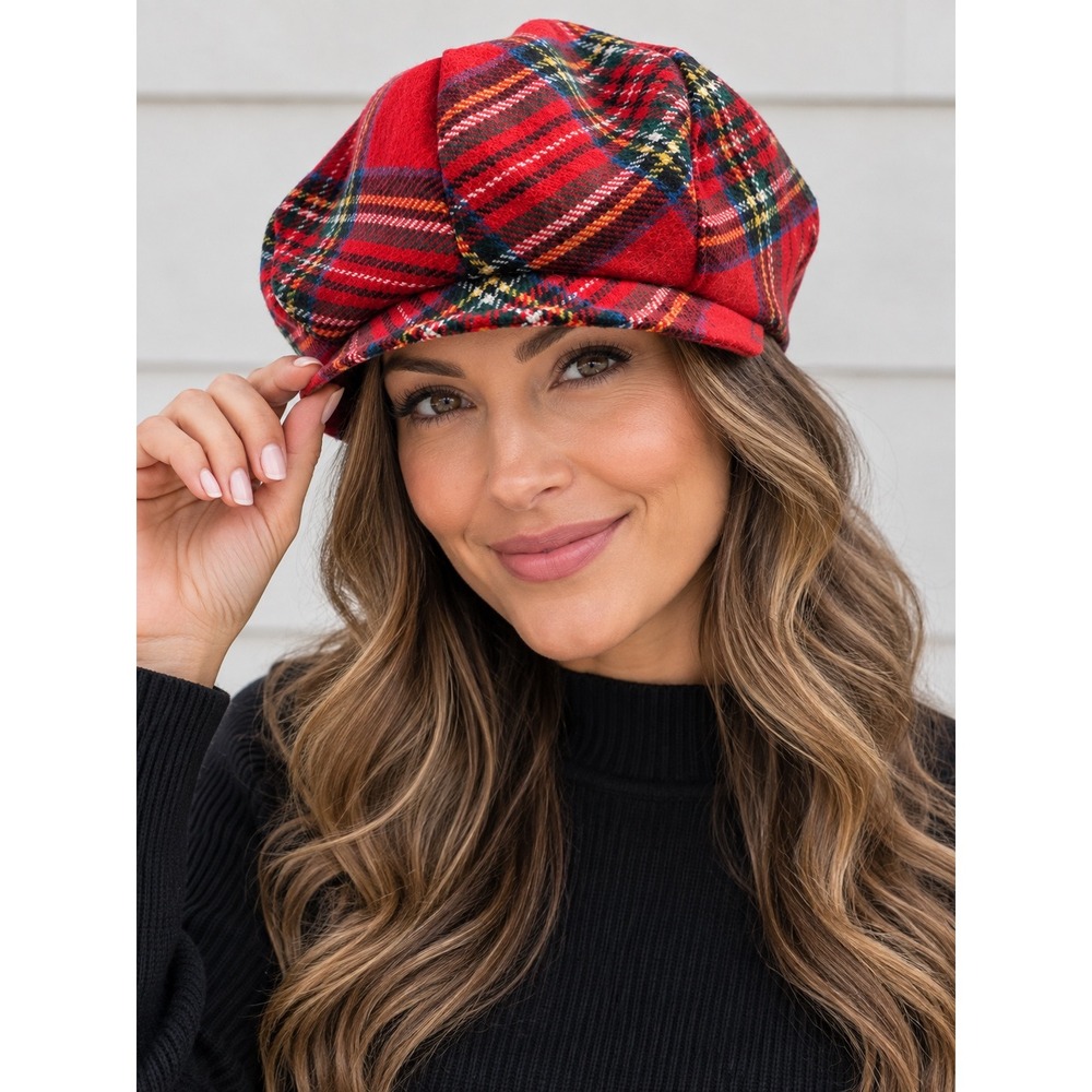 Vintage Red Plaid Newsboy Cap Made in England Wool Blend Tartan Baker Boy Hat